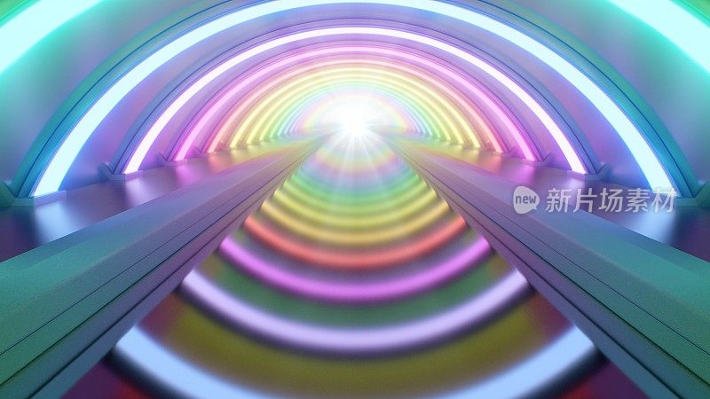 地下狂欢明亮的彩虹霓虹灯发光隧道反射-抽象的背景纹理