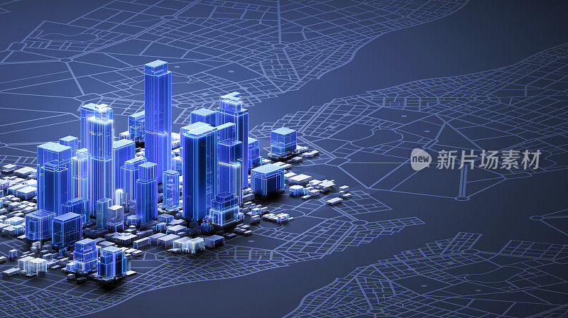 抽象的未来城市市中心与摩天大楼，城市地图和复制空间的黑暗背景