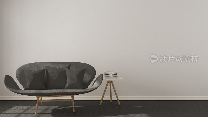 斯堪的纳维亚极简主义背景，灰色沙发上人字形天然拼花地板，室内设计