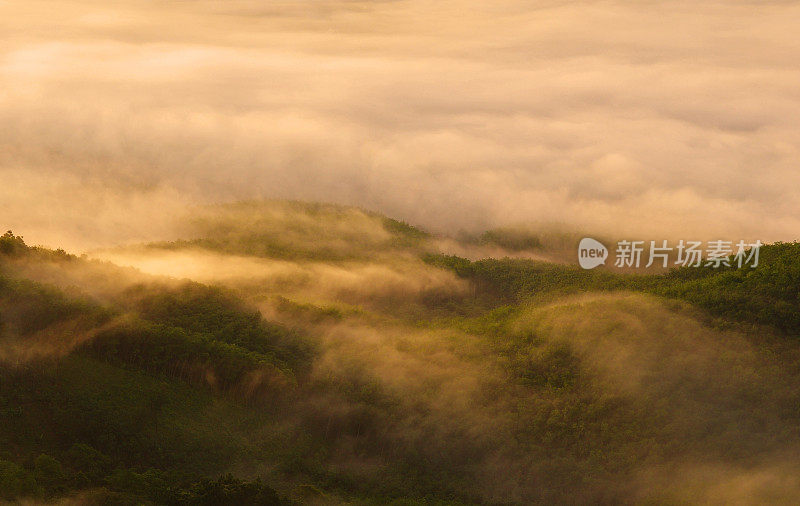 美丽的阳光在薄雾清晨的山脉。