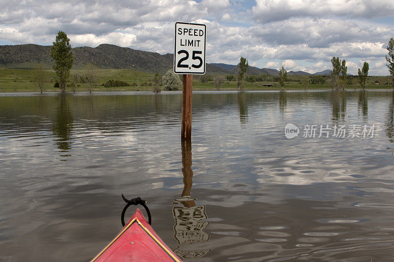 被水淹没的街道和限速标志，科罗拉多州查特菲尔德州立公园