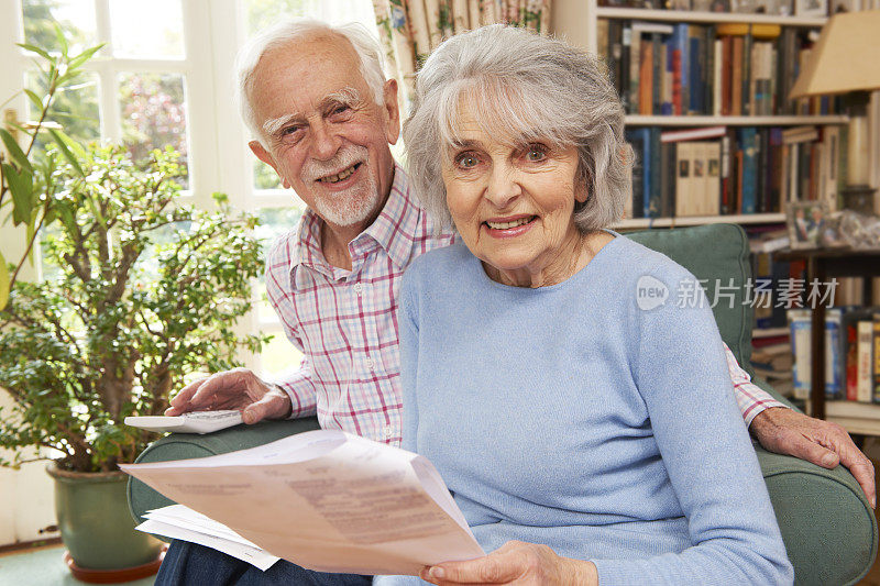 幸福的老年夫妇在家里审视财务状况