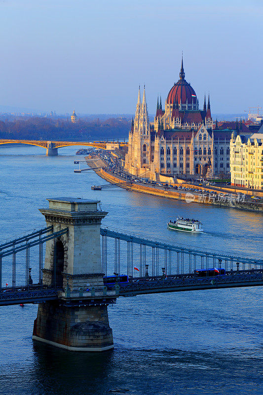 匈牙利议会和链桥与蓝色多瑙河