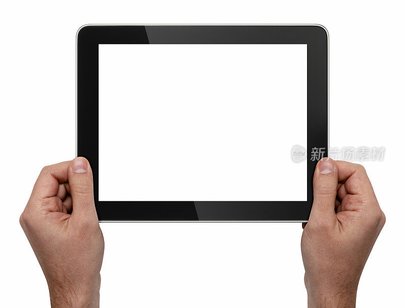 两只手都拿着一个黑白屏幕的平板电脑