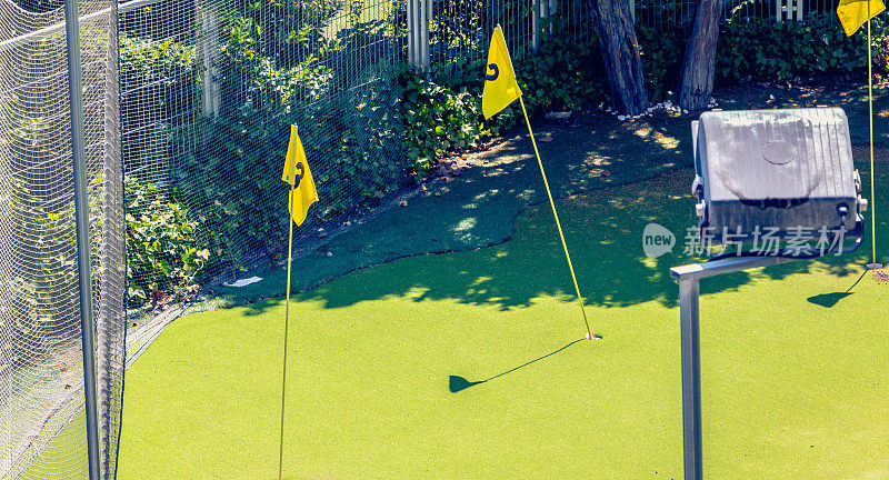 迷你高尔夫球练习在镇上的绿色和旗帜