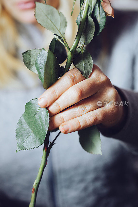 现代花匠工作与鲜花在车间-与手的细节