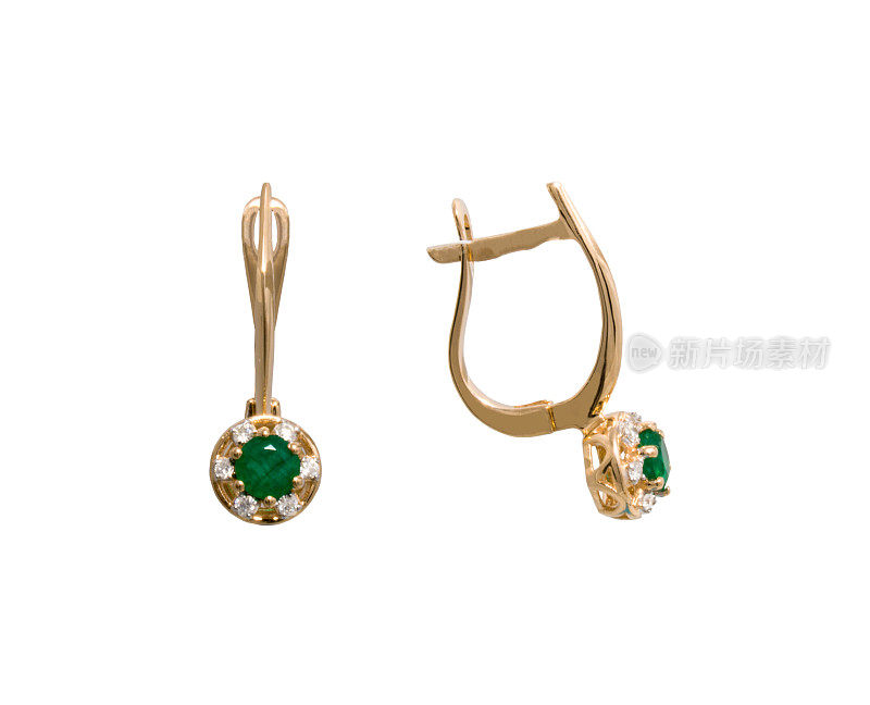 金色耳环与绿色宝石-祖母绿和少数钻石