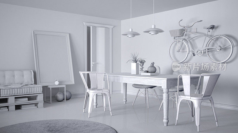 全白色项目斯堪的纳维亚极简主义客厅，DIY托盘沙发和复古餐桌，当代建筑室内设计