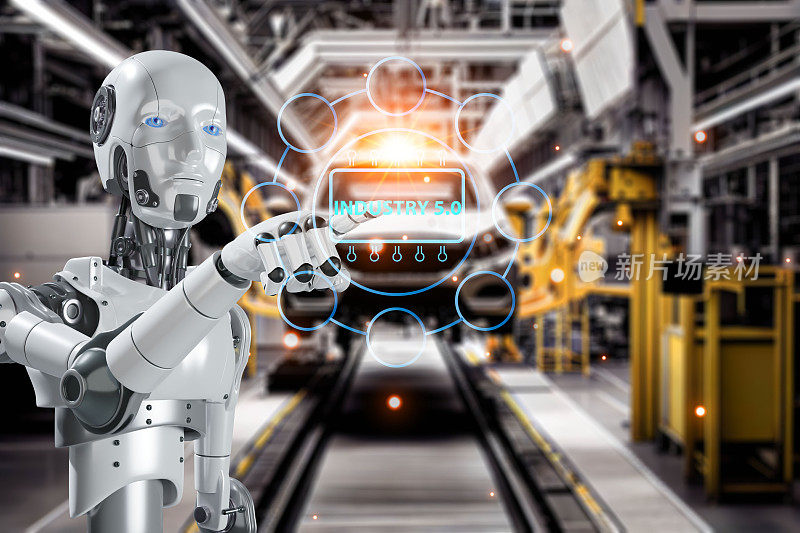 智能工厂工程用于汽车装配AR自动化机器，增强现实技术，未来工业5.0技术。三维机器人和机械臂控制未来工业机器学习的概念。
