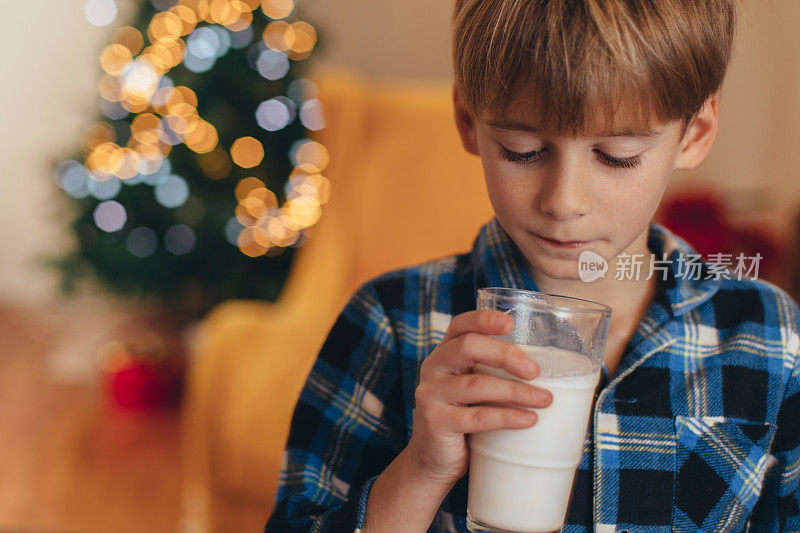 男孩在圣诞树前喝牛奶