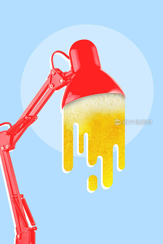 海报。当代艺术拼贴。红色的灯和泡沫液体看起来像啤酒在蓝色的背景。