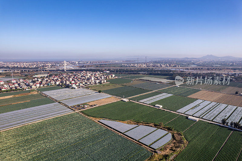 现代农业用地和农村建筑鸟瞰图