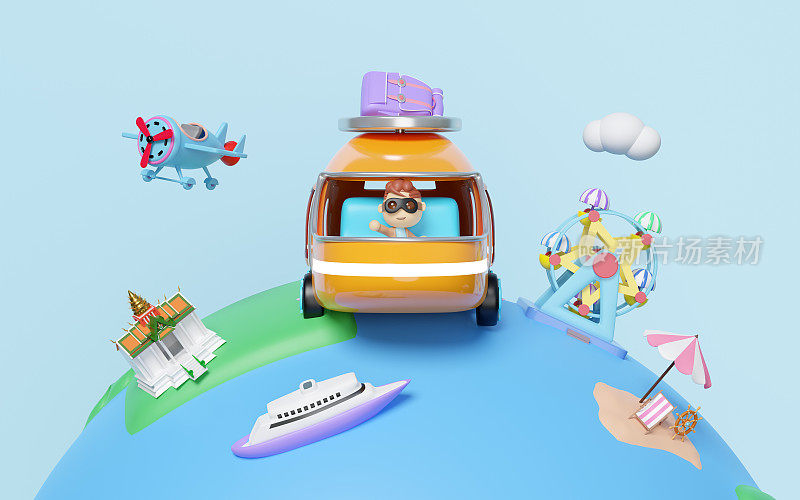 旅游巴士载着男孩、螺旋桨飞机、行李、测量装置、摩天轮、蓝色背景上的孤岛，在世界各地行驶。环游世界的概念，3d渲染插图