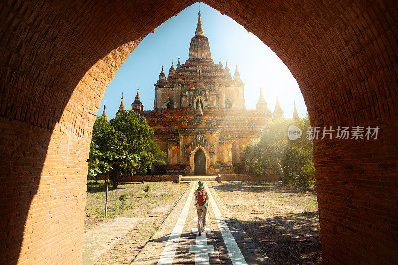 游客走在蒲甘的Htilominlo寺庙的路上。缅甸