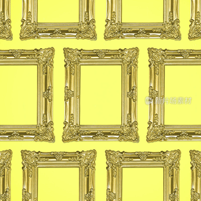 金色古董相框拼贴在黄色的背景