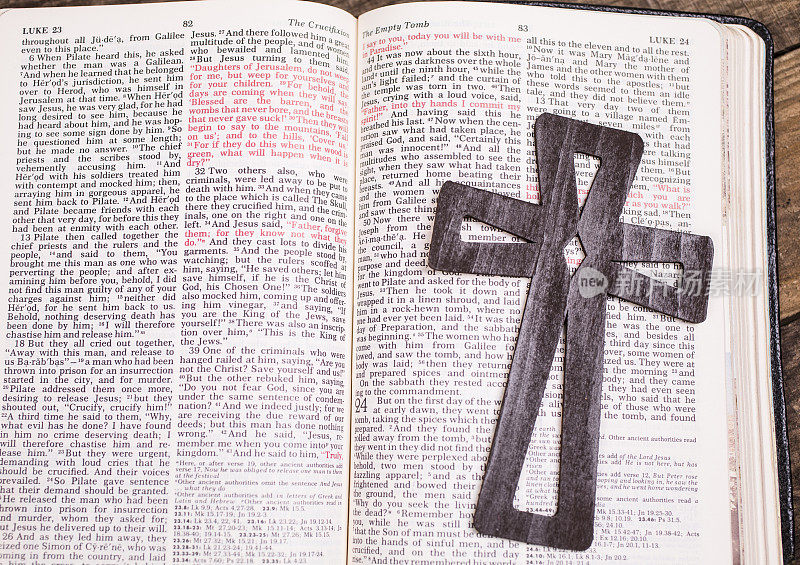 复活节。打开的基督教圣经上的木制十字架。