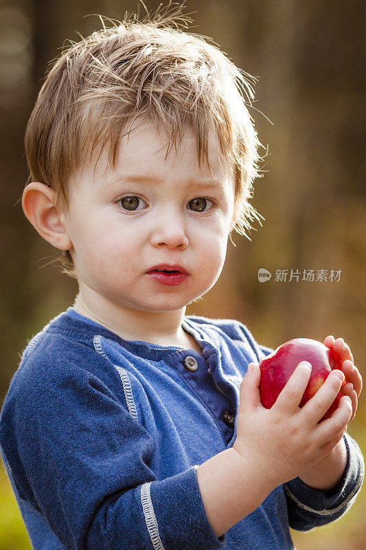 小男孩拿着苹果。