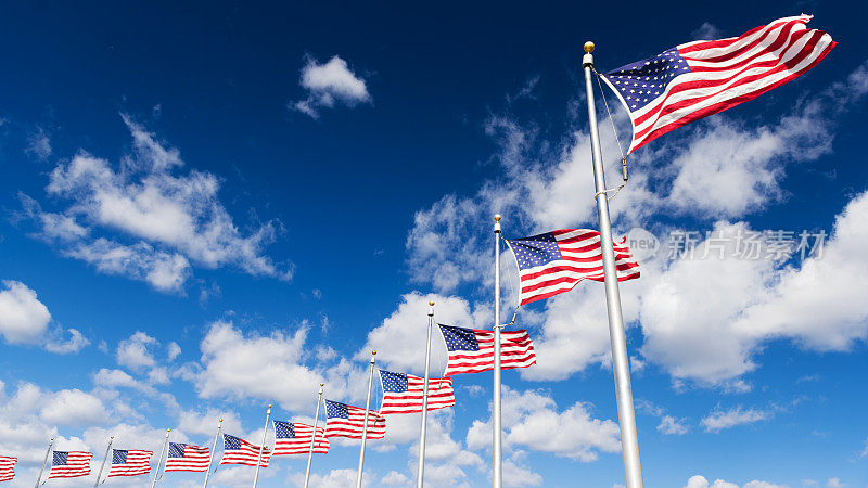华盛顿特区，美国国旗排成一排