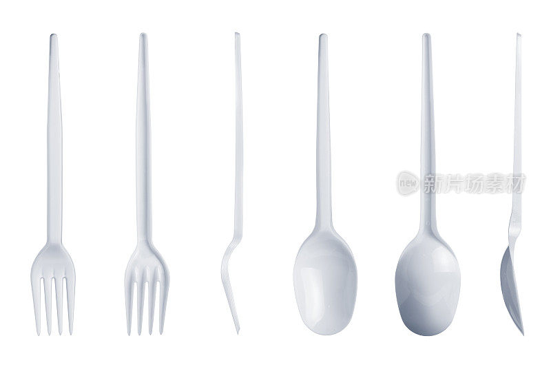塑料勺和叉子设置孤立在白色