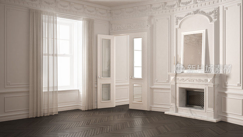 经典的空房间有大窗户，壁炉和人字形拼花地板，复古的白色和灰色的室内设计
