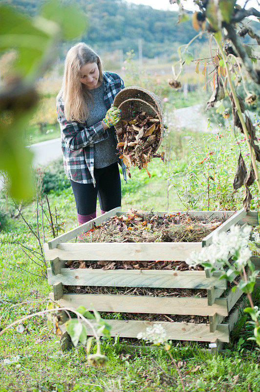 欧洲斯洛文尼亚，一名年轻女子在堆肥厂回收干树叶