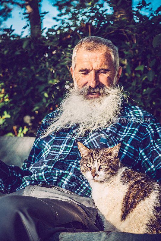 老人坐在后院抚摸猫