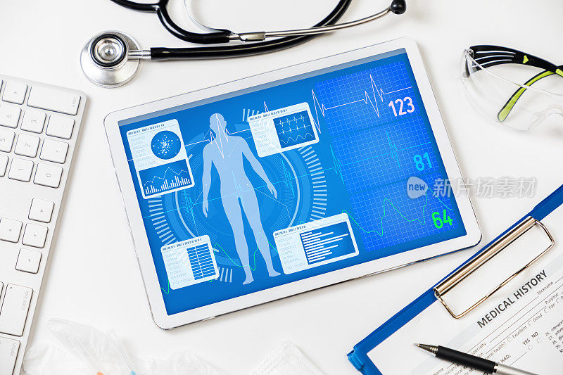 生命体征监护仪在平板电脑，医疗技术概念