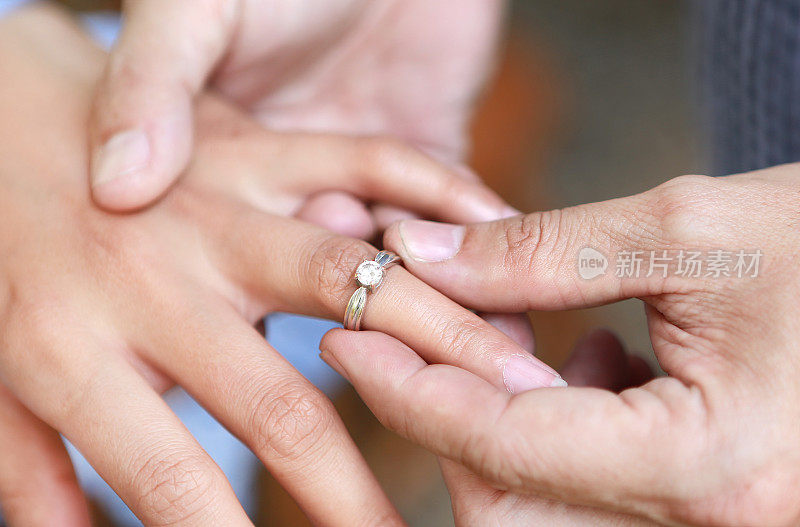 新郎把戒指戴在新娘的手指上。选择性关注结婚戒指。
