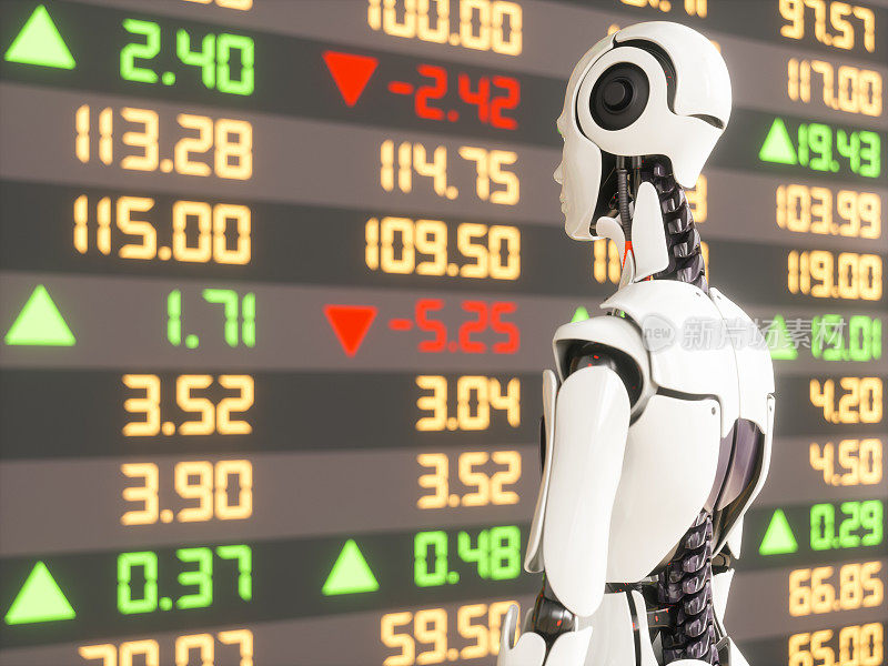 机器人与金融和技术数据分析图表显示股票市场趋势