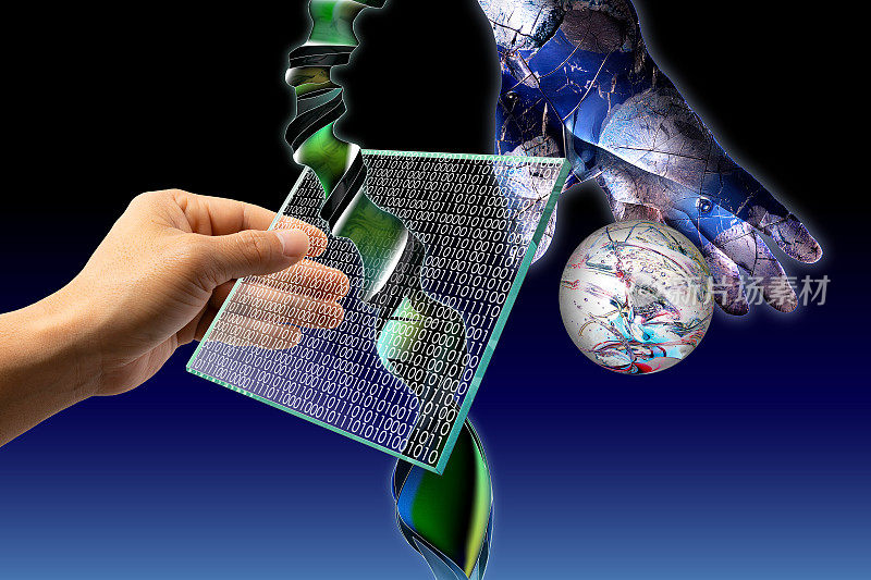 基因重组和纳米技术。人的手拿着一个玻璃晶片。监视器显示一个二进制代码。背景是分子和细胞与DNA双螺旋和半机械人之手。