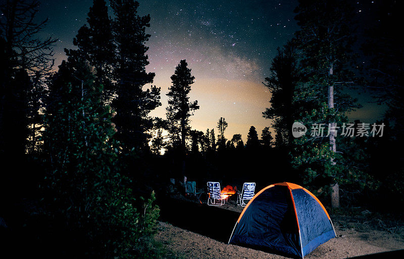 帐篷露营地旁边的篝火在夜晚星空下度假期间，同时冠状病毒大流行