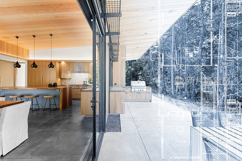 家庭内部厨房改造施工与蓝图线描过渡融入淡入成品项目