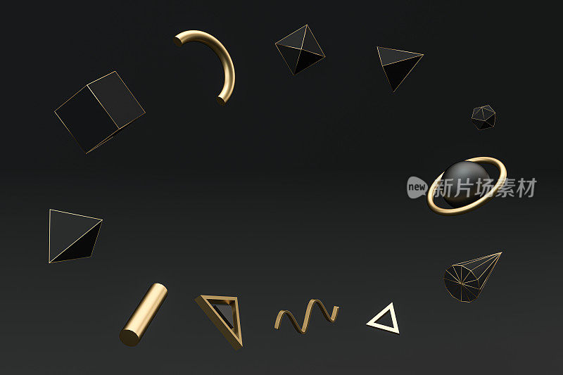 金色和黑色的抽象物体，3d渲染。