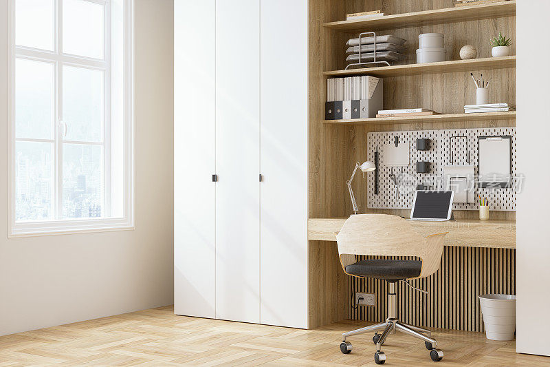 采购产品镶木地板，橱柜，桌子和数字平板电脑的家庭办公室