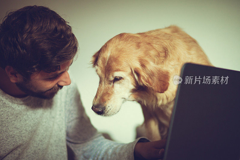 一个人在家里用笔记本电脑工作，他的宠物狗就坐在他旁边的椅子上