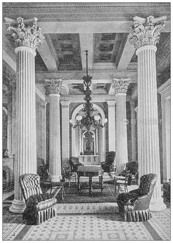 美国华盛顿的古董黑白照片:大理石房间或国会大厦的参议院大厅