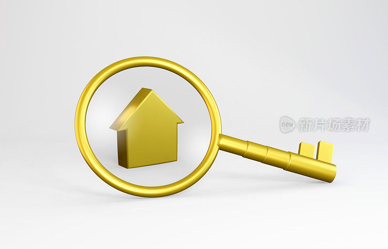 3D金色放大镜钥匙和金色房子形状上的白色背景。房屋搜索和房地产概念。