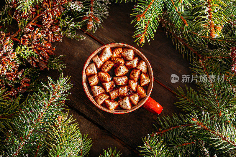 圣诞背景与热巧克力和棉花糖