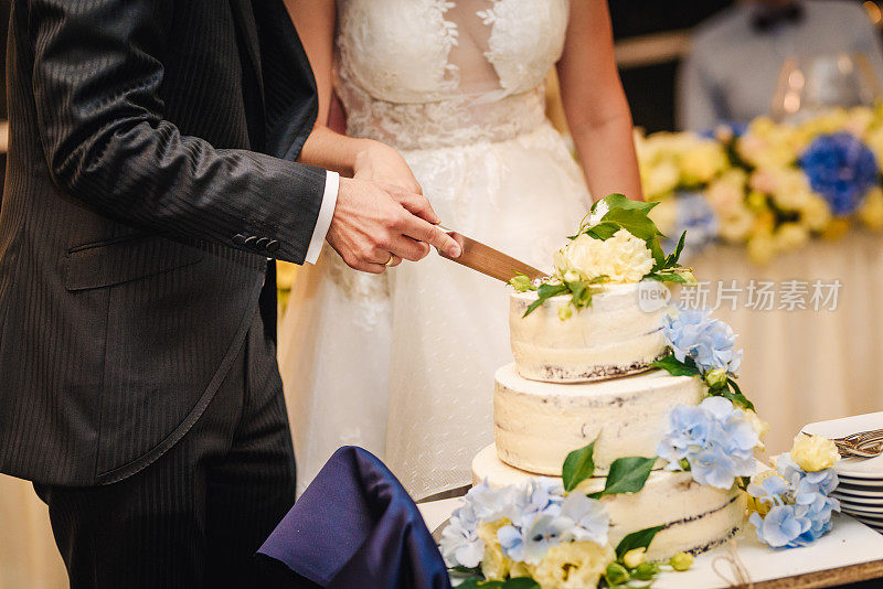 新娘和新郎在切婚礼蛋糕