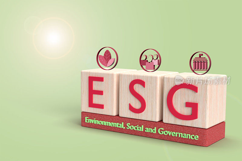 木质立方体的3D插图，绿色背景上的ESG图标代表环境、社会和治理。