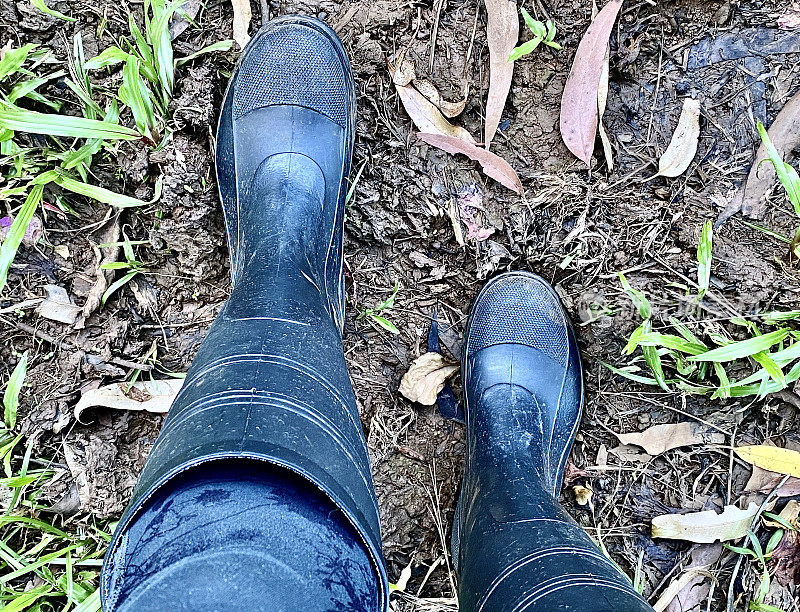 雨后泥泞中的胶靴