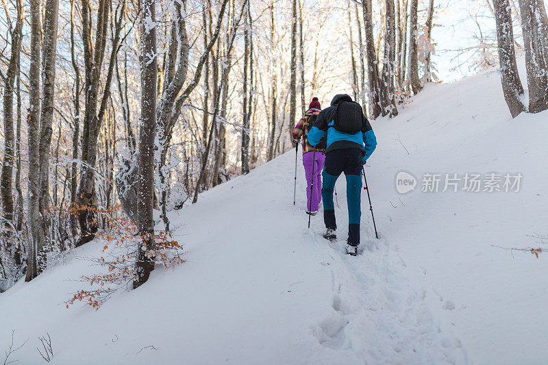 两个年轻的徒步旅行者在冬天爬上雪山