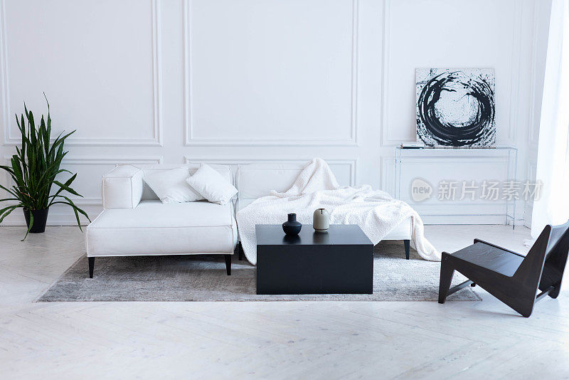 时尚明亮的客厅内部极简主义风格-白色沙发，黑色扶手椅和咖啡桌，白色和空墙