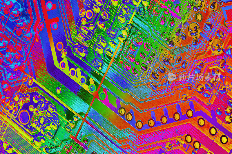 彩色程式化超现实电子电路板细节艺术表现