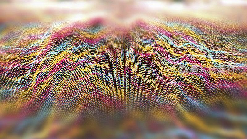 未来主义抽象线条水红色黄色元素球波形振荡，可视化波技术数字表面粒子星星