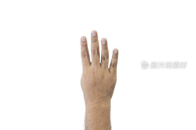 特写男人的手背。张开的手，显示五个手指的意思是第五，在问候延伸复制空间孤立在白色背景。文本空间。