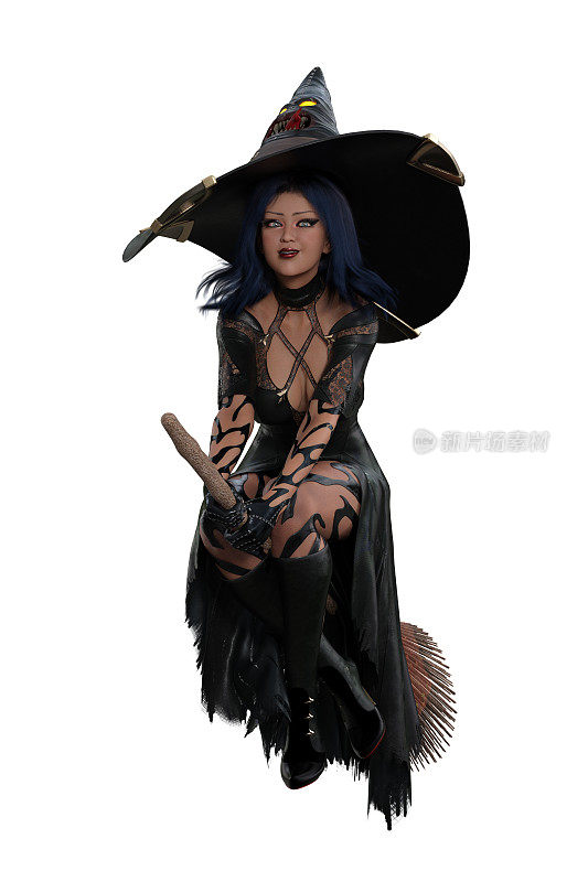 万圣节女巫穿着性感的黑色服装，戴着大尖帽，骑着一把魔法扫帚。独立的3D渲染。