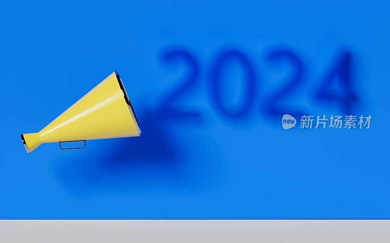 2024和蓝色背景上的蓝色扩音器