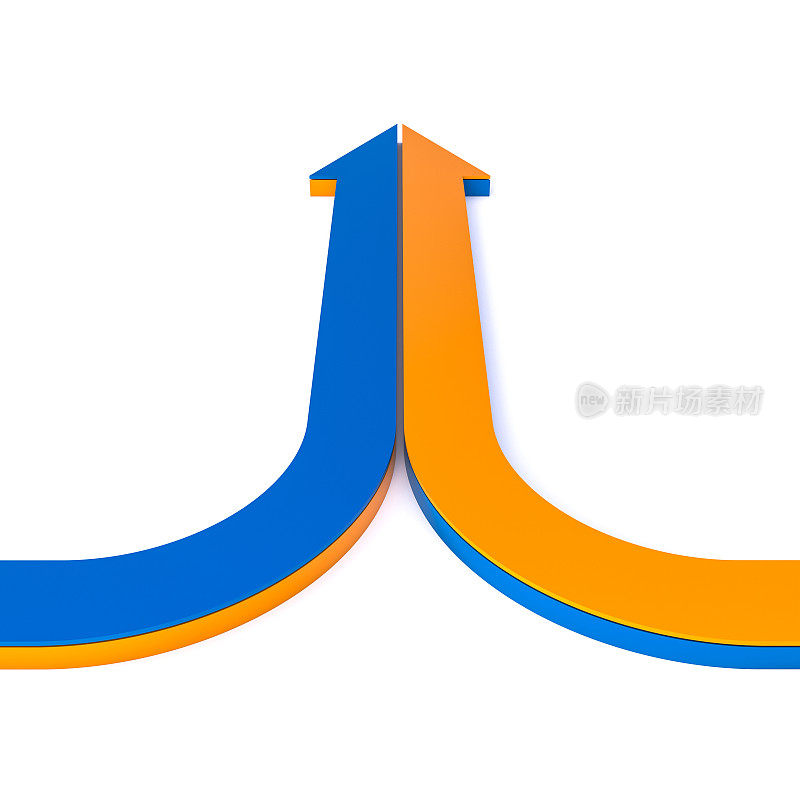 蓝色和橙色箭头在白色背景上汇聚。三维渲染