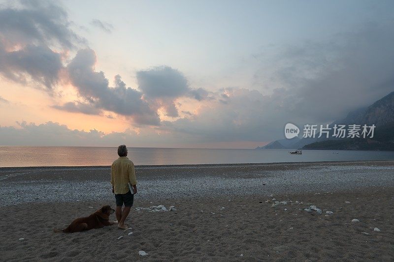 日出时分，人们带着狗在海滩上散步